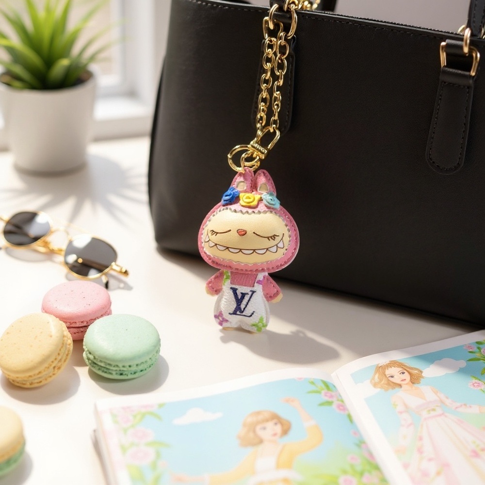 L V monogram Labubu luxury pink white brown gold keychain bag charm leather NEW